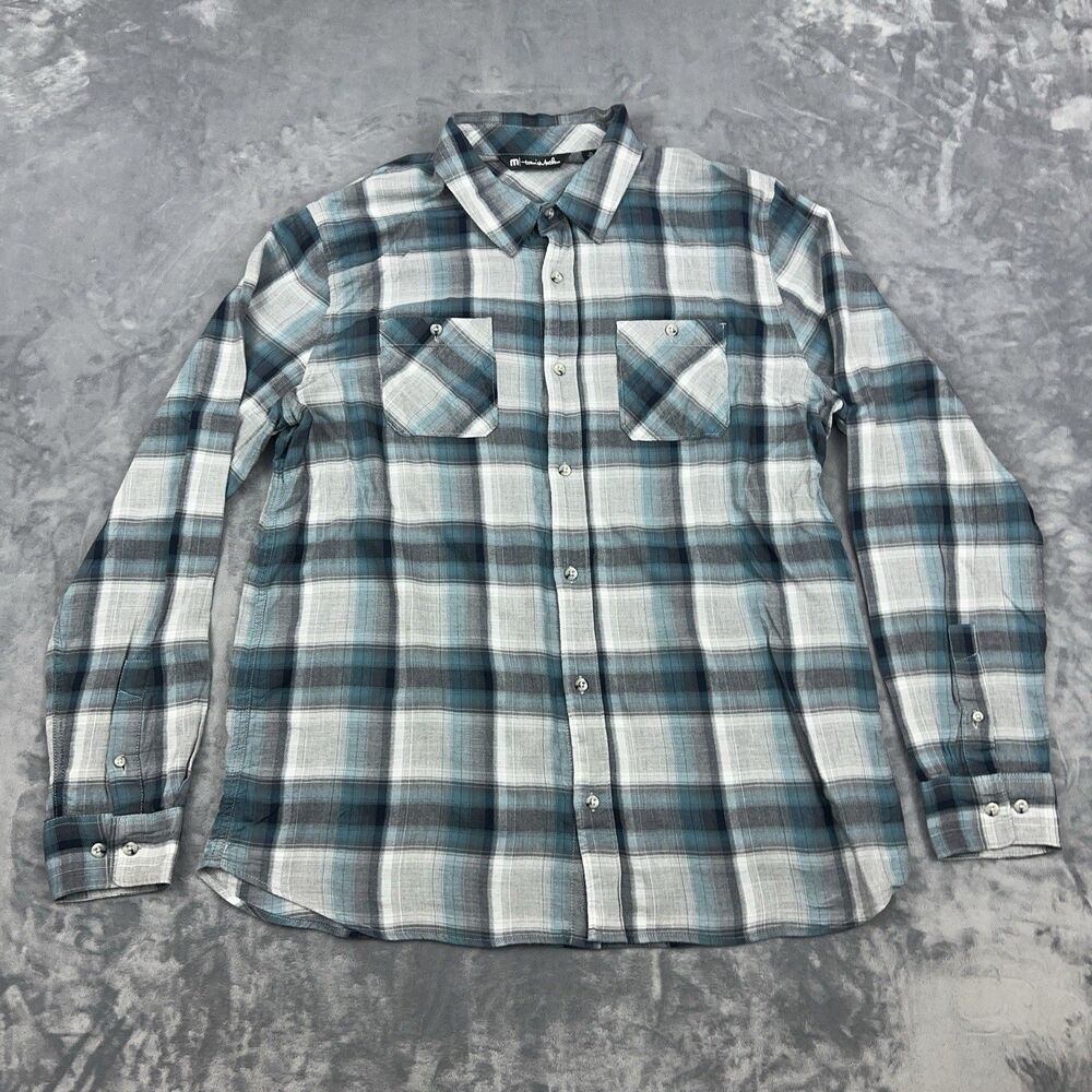 Travis Mathew Shirt Mens Size XL Blue Gray Plaid Light Weight Button Up Pockets